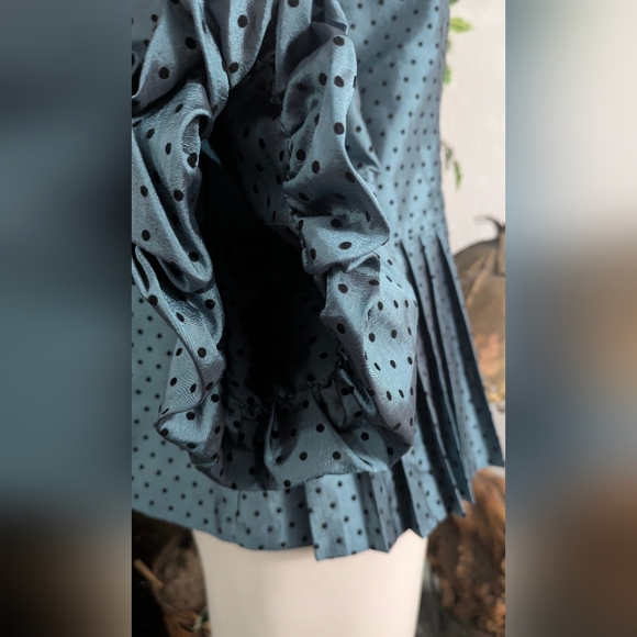 Dressbarn Collection Teal Black Polkadot Pleated Bell Sleeves Womens Blouse Top - Picture 4 of 9